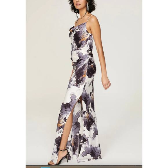 Donna Karan Purple Satin Maxi Slip Dress SIZE 4 Ruched Cowl Cocktail Gown $500 - Picture 2 of 11